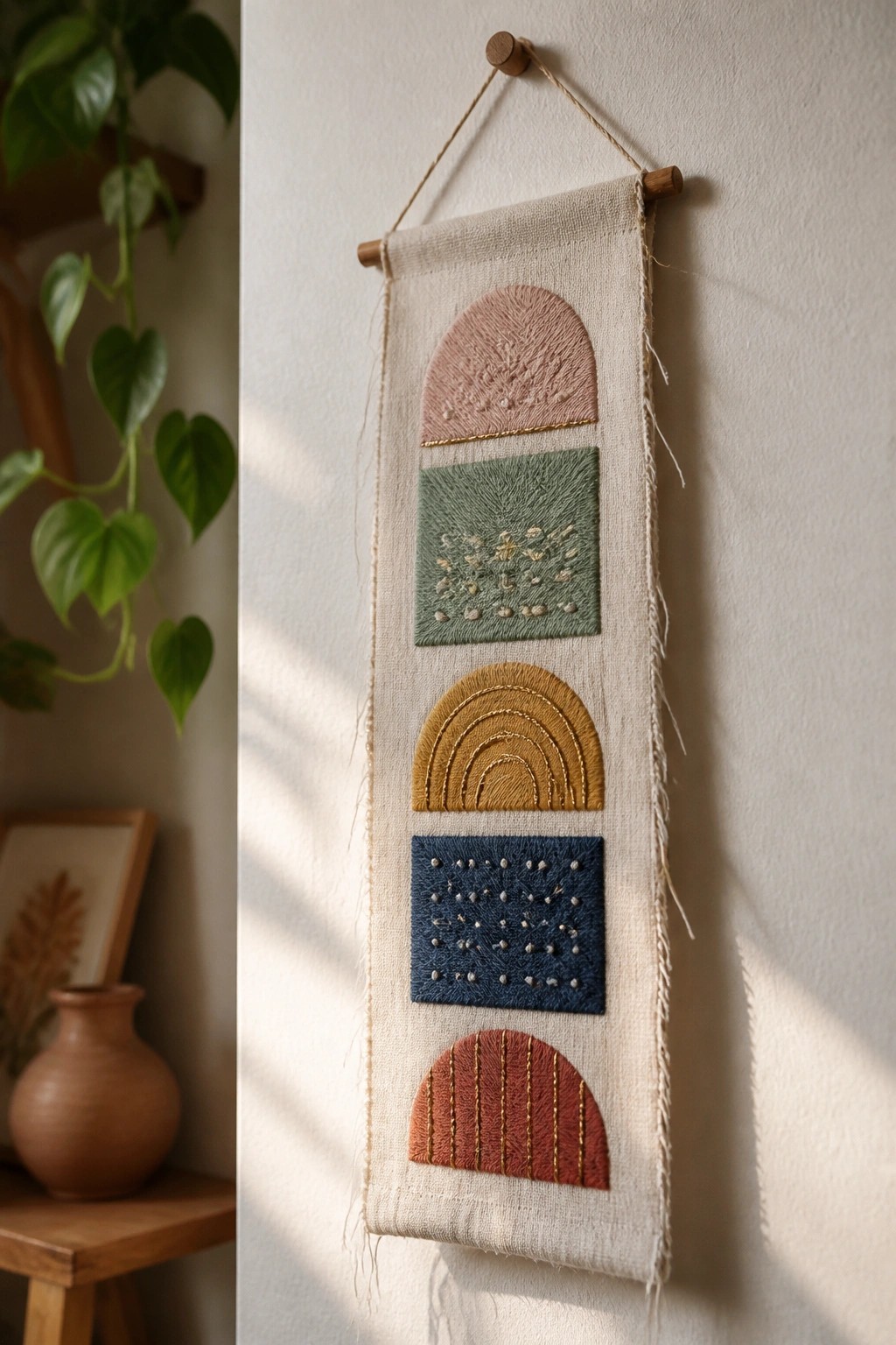 Embroidered wall hanging with pink arch, green floral, yellow rainbow, blue dots, and red arch.