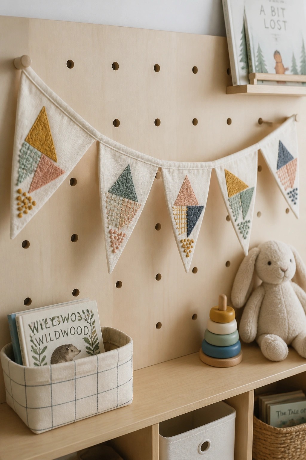 Embroidered geometric bunting on wooden pegboard above stuffed bunny, stacking toy, and books
