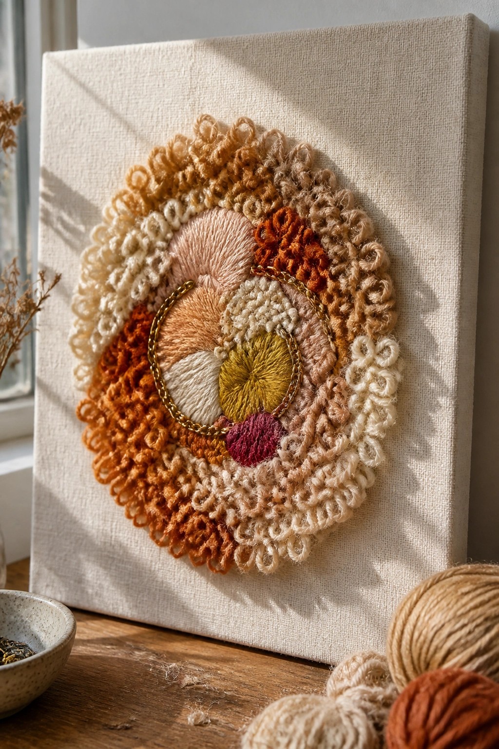 Circular embroidery with looped yarns in warm autumn tones and gold chain on canvas