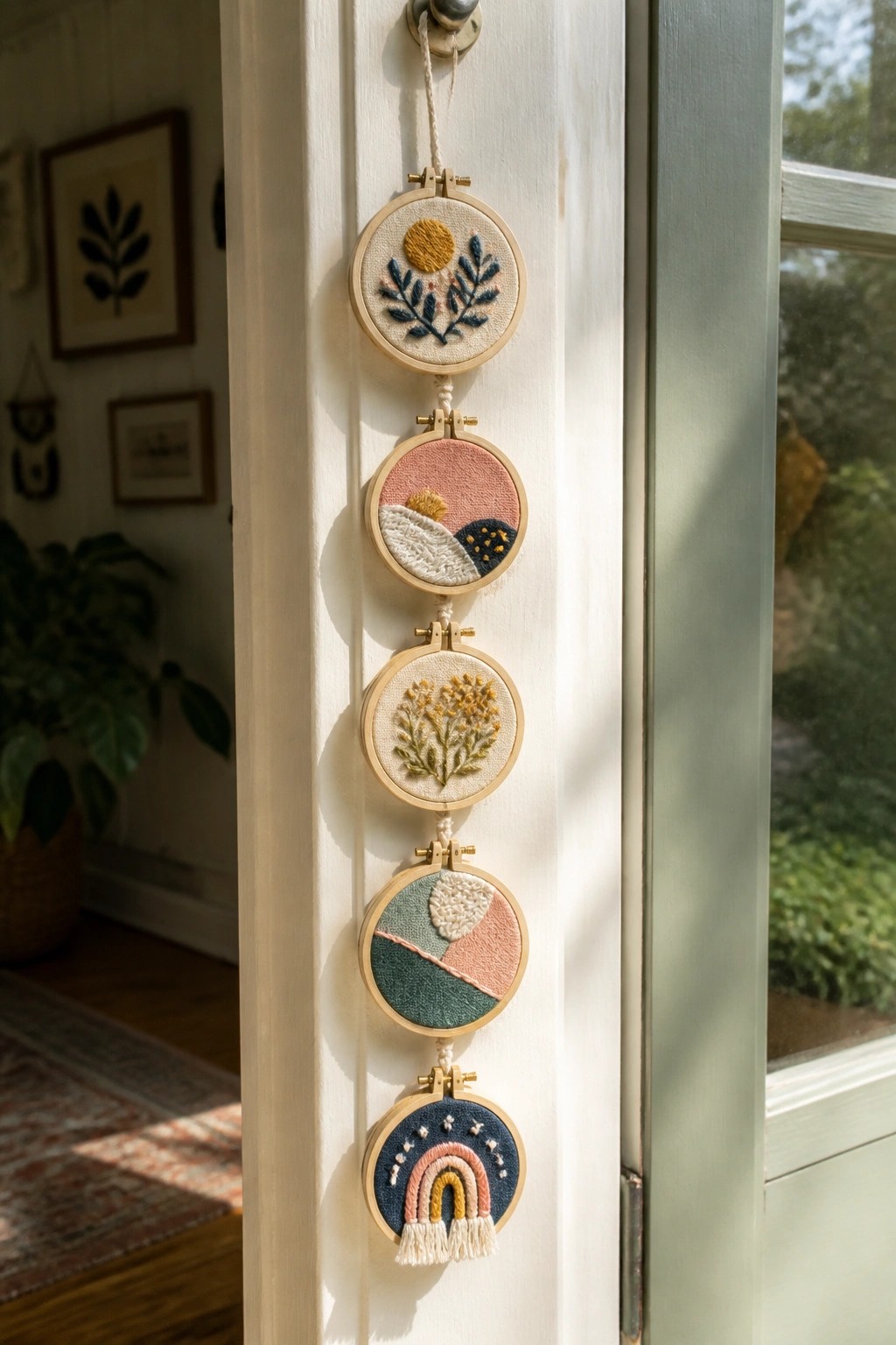 Five small embroidery hoops of the same size strung vertically on a white door, each containing a different colorful design.