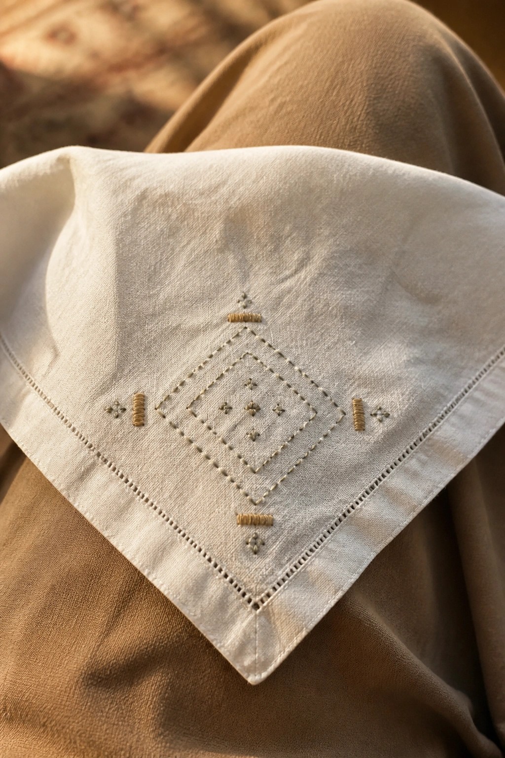 White handkerchief with beige diamond embroidery resting on brown pants lap