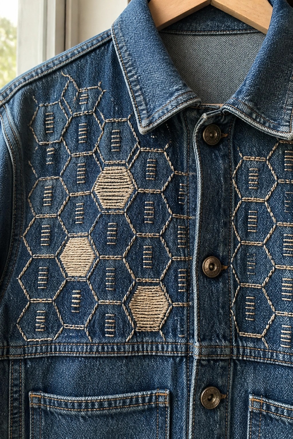 Blue denim jacket with intricate beige hexagonal sashiko embroidery and buttons.