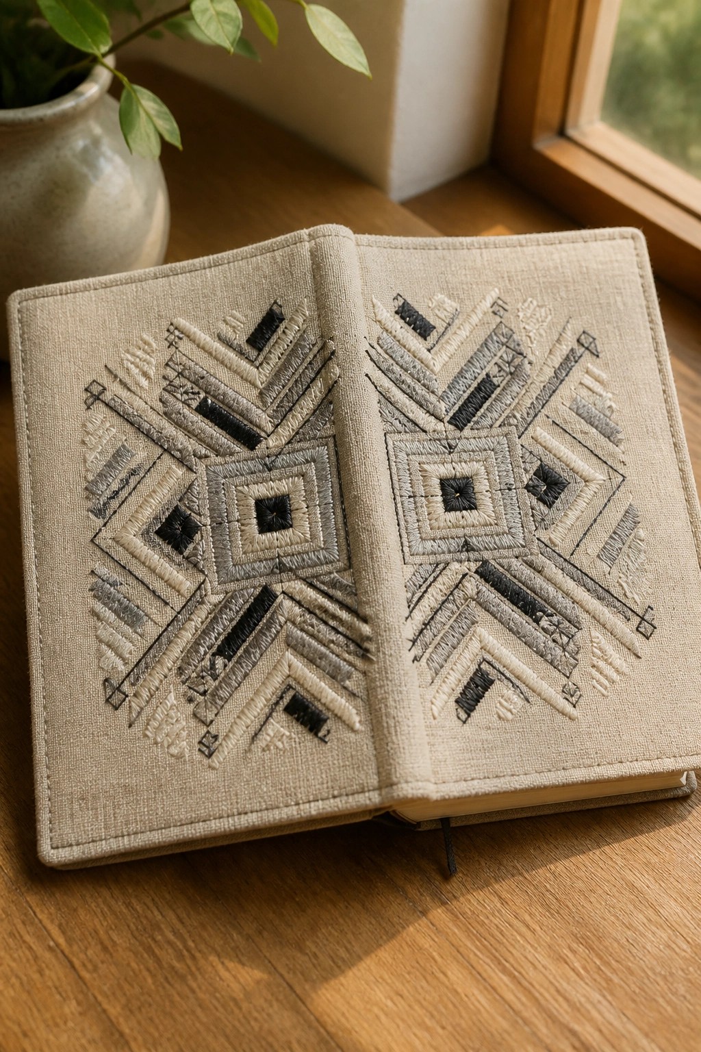 Open book with symmetrical geometric embroidery in black and beige on linen cover