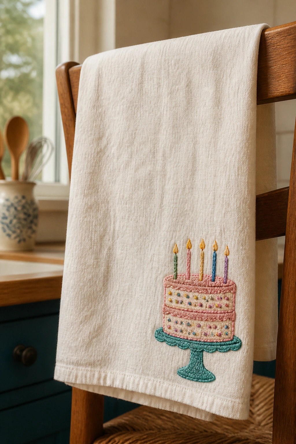 White towel with pink embroidered birthday cake on wooden kitchen chair