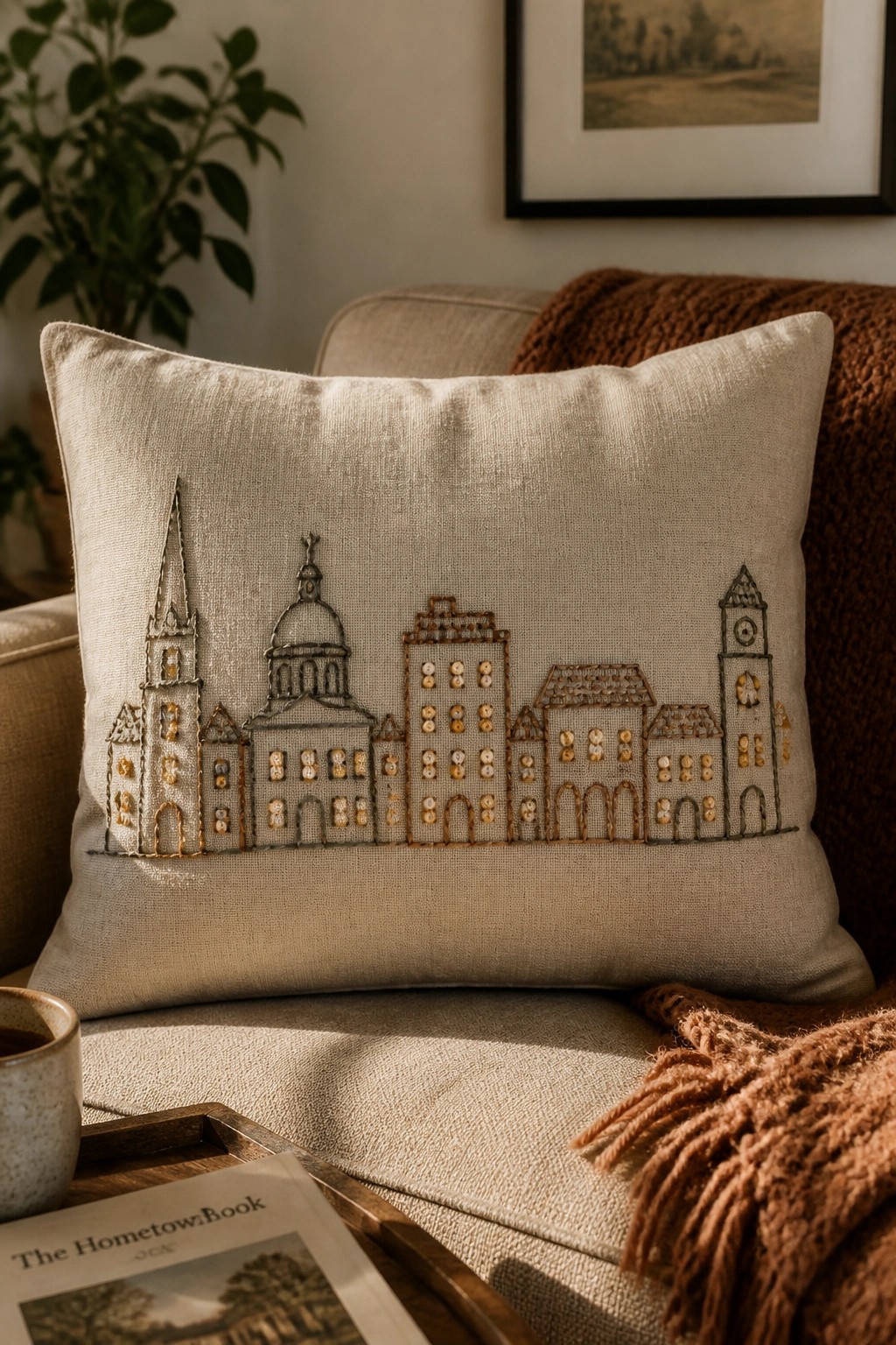 Embroidered beige pillow with glowing city skyline on a neutral sofa
