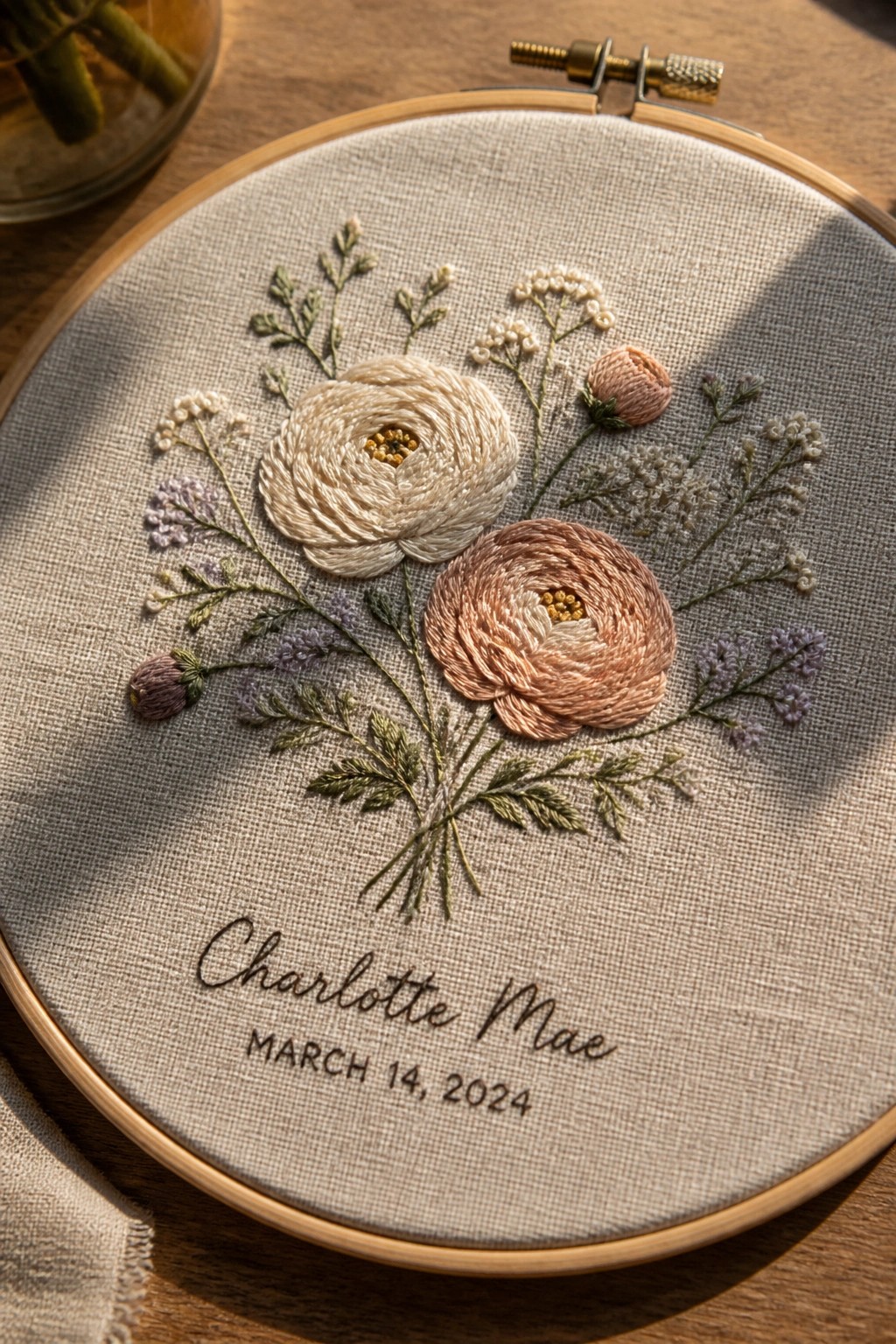 Wooden hoop with embroidered pink and cream flowers plus 
