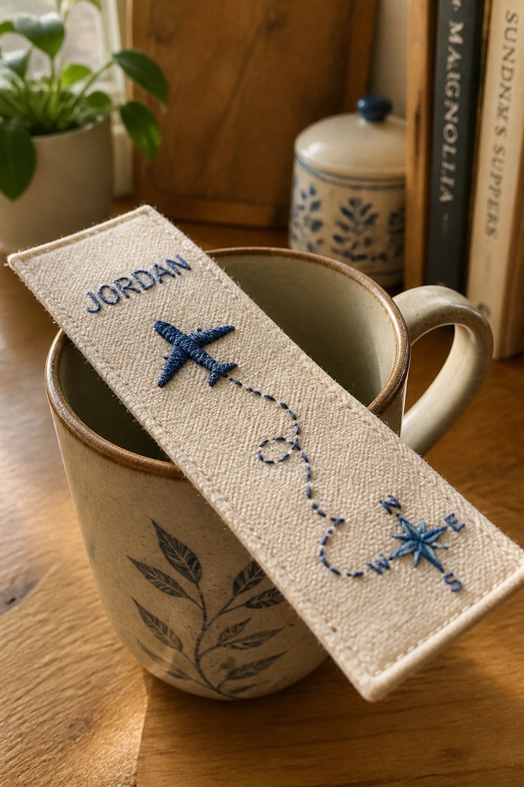 Embroidered bookmark with plane, compass, and 
