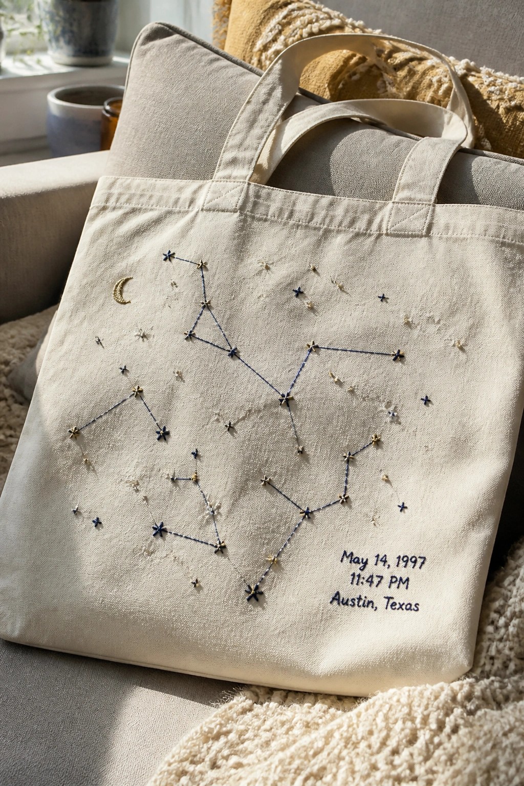 Beige tote bag with embroidered constellation, crescent moon, and text for May 14, 1997 at 11:47 PM in Austin, Texas.