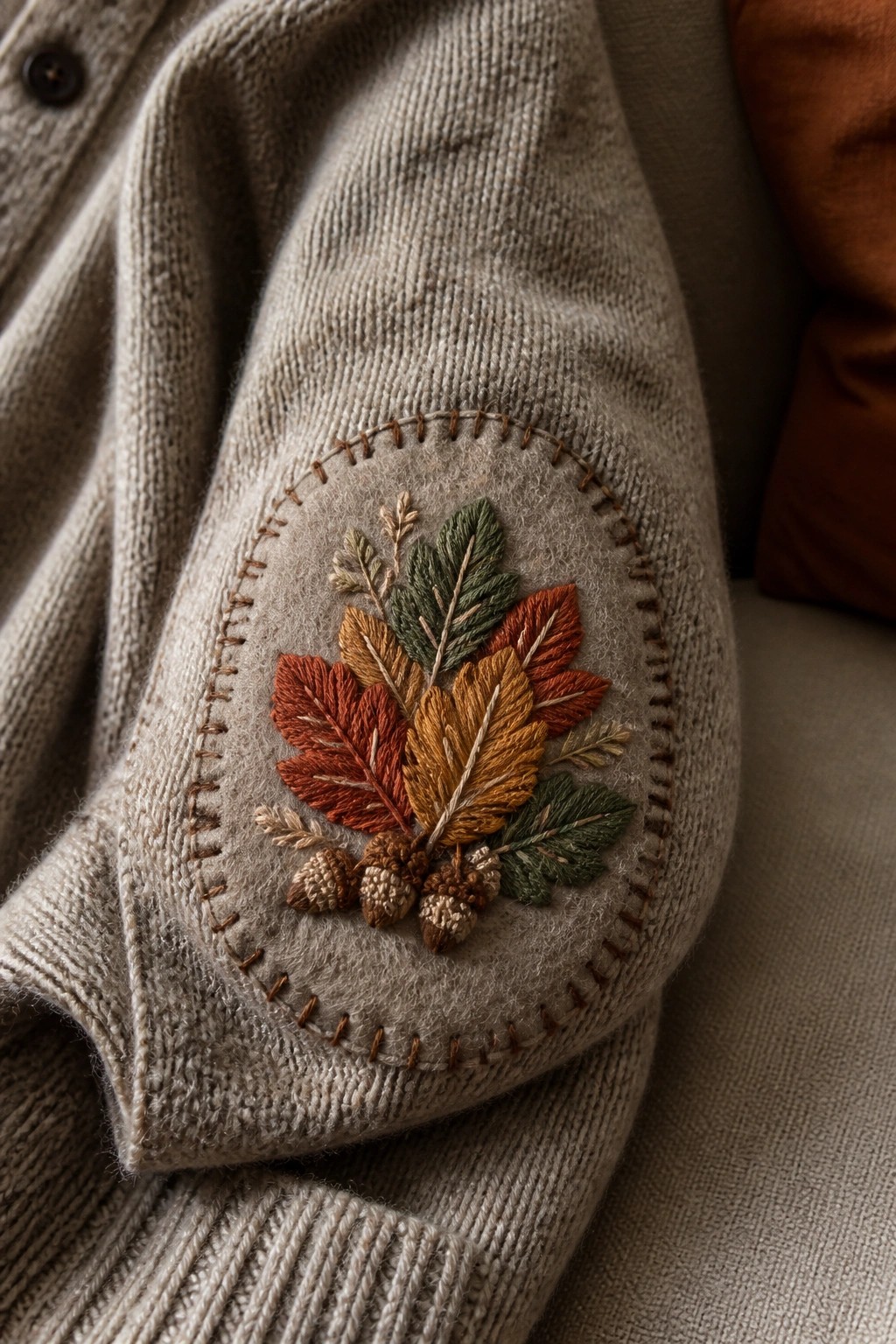 Beige knitted cardigan elbow patch with embroidered autumn leaves and acorns