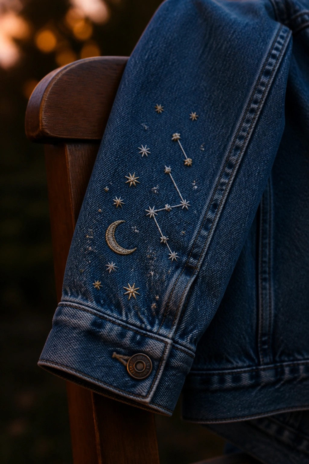 Denim jacket sleeve embroidered with constellation, stars, and crescent moon on wooden chair.