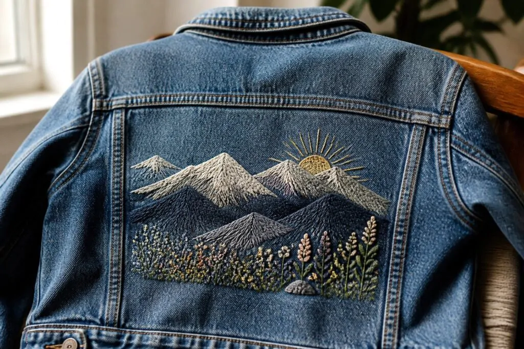 Embroidered blue denim jacket with mountain range, golden sun, and wildflowers.