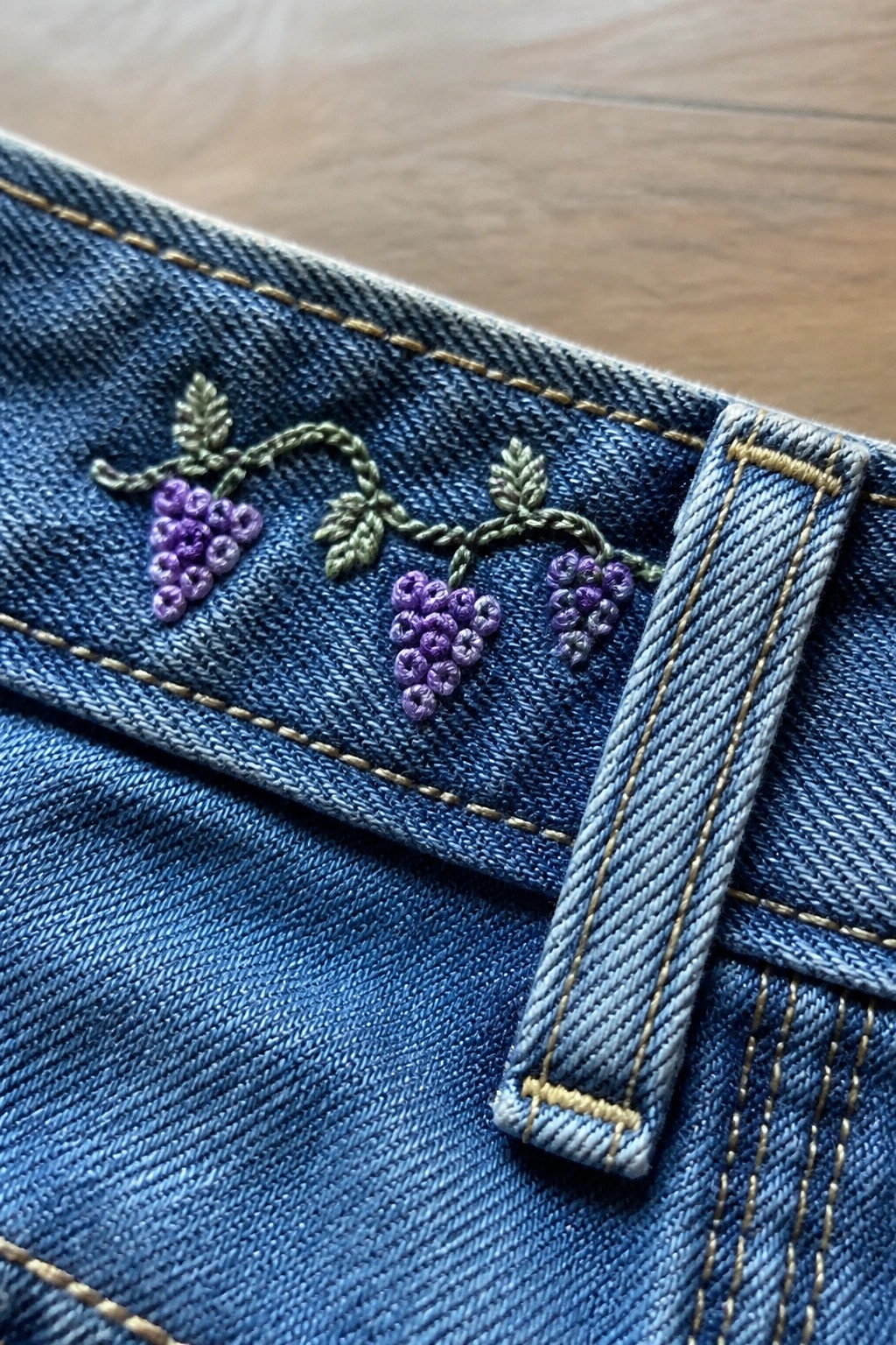 Purple grape clusters with green leaves embroidered on blue denim jeans near the waistband.