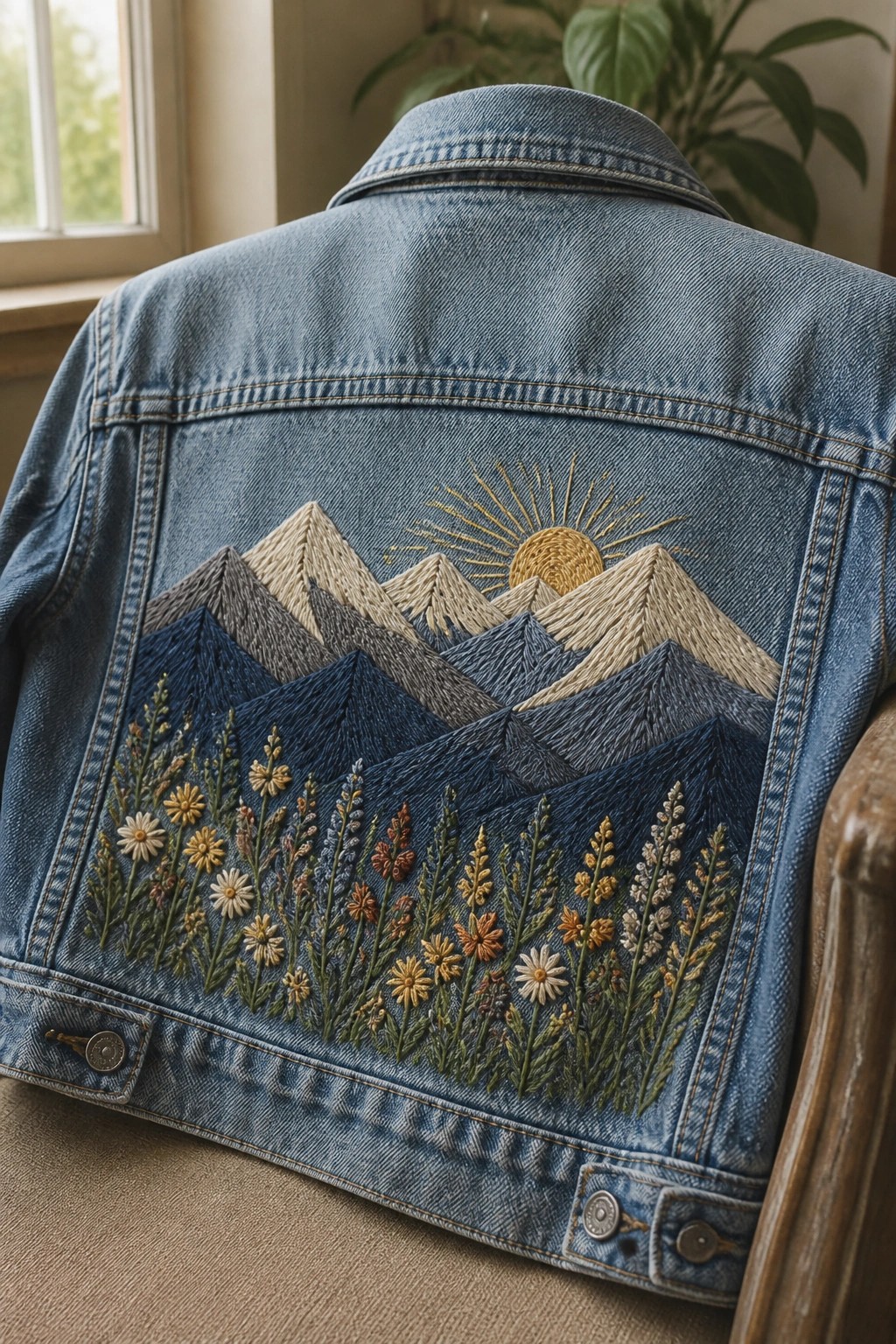 Embroidered blue denim jacket with mountain range, golden sun, and wildflowers.