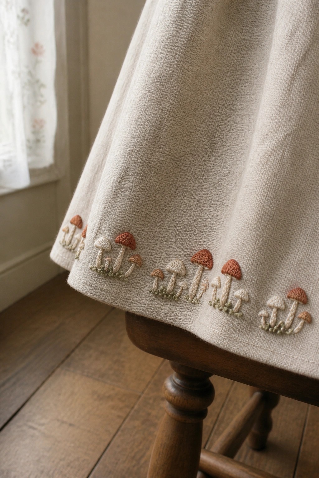 Beige linen skirt hem embroidered with clusters of mushrooms on a wooden stool