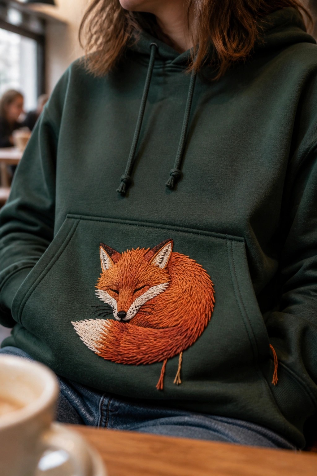 Dark green hoodie with detailed orange embroidered sleeping fox on front pocket