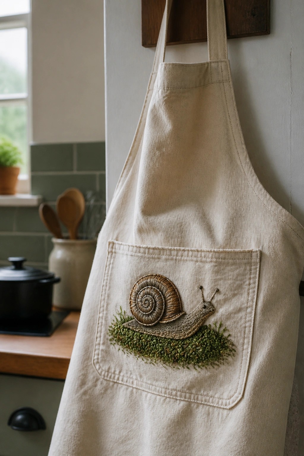 A beige canvas apron with an embroidered snail on its front pocket hanging in a kitchen.