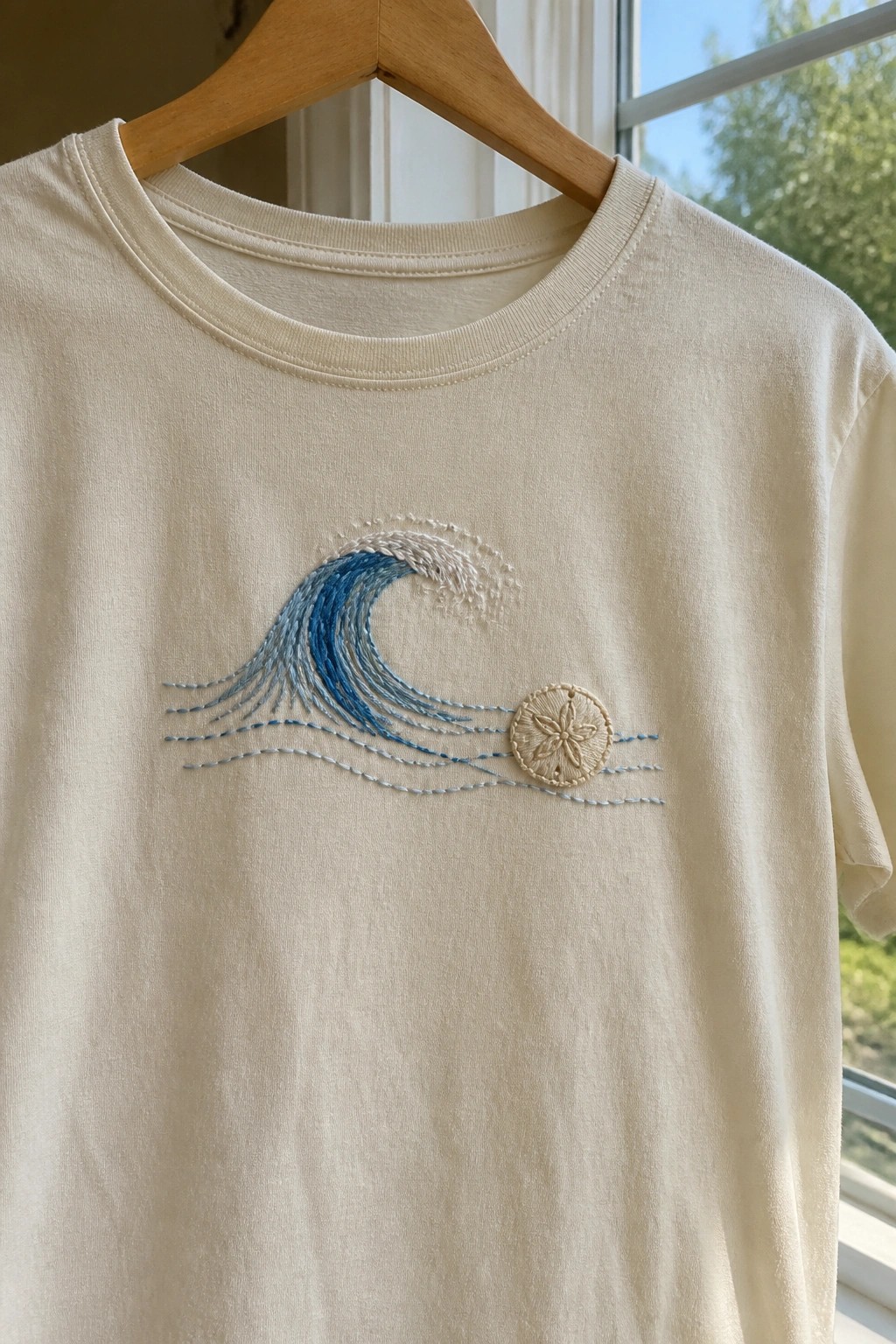 Cream t-shirt with blue wave embroidery and beige sand dollar on the chest.