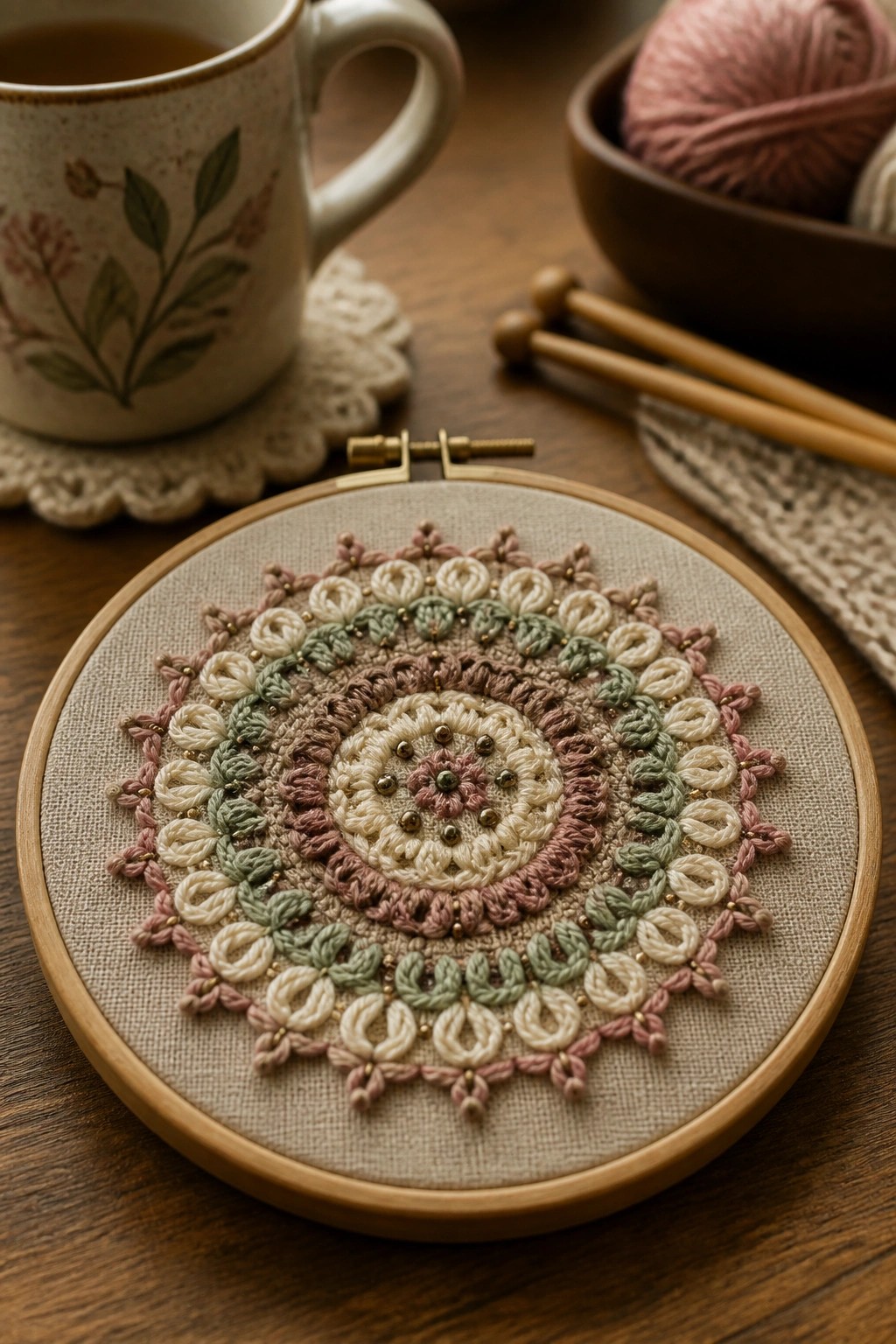 Embroidered mandala in pink and green within a hoop beside yarn and mug
