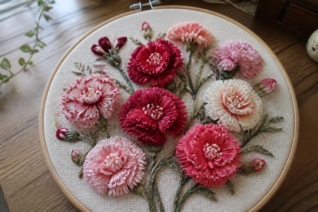 Vibrant pink, red, and white carnation embroidery with green leaves in a wooden hoop.