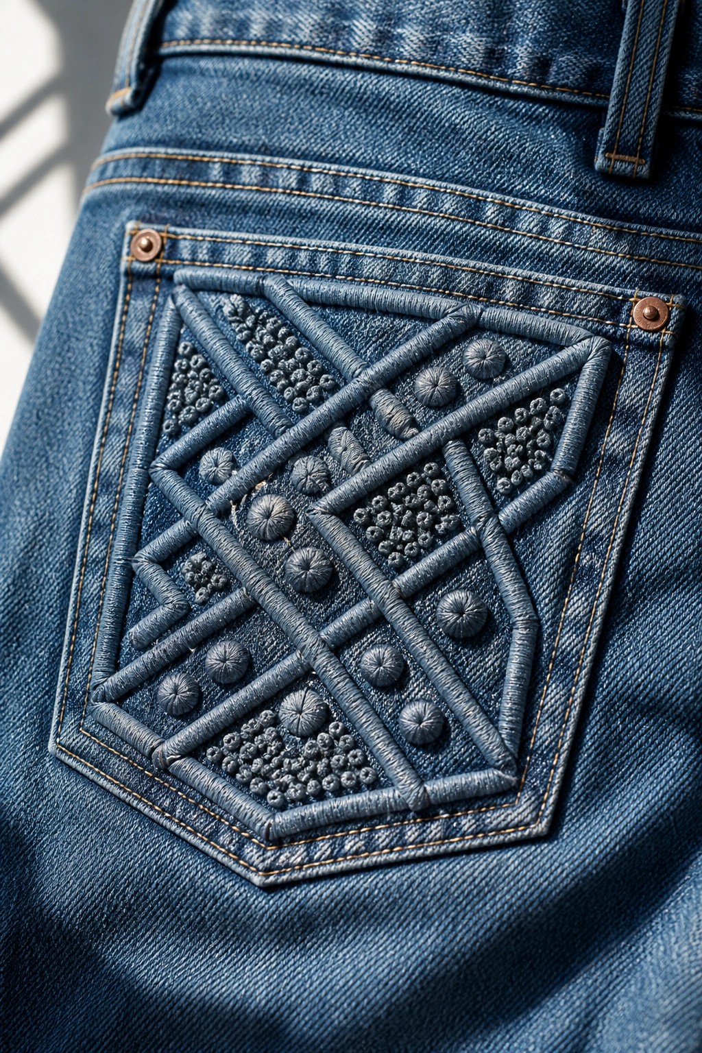 Blue denim jeans back pocket with intricate geometric embroidery and copper rivets