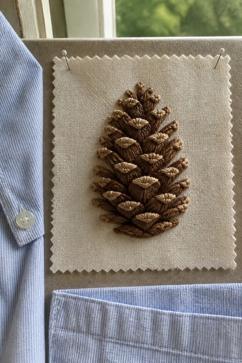 Embroidered brown pinecone on white fabric pinned beside blue striped shirt