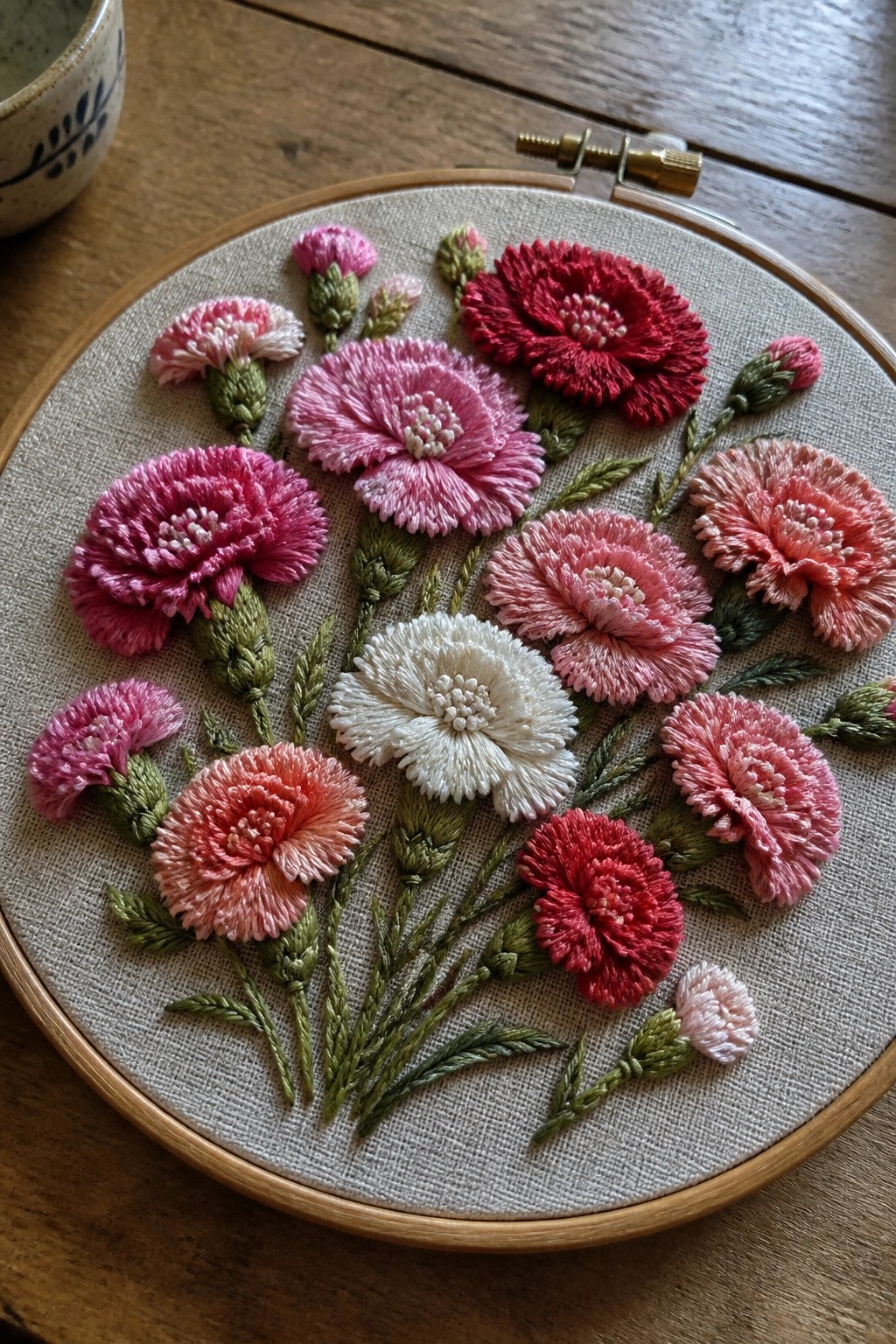 Vibrant pink, red, and white carnation embroidery with green leaves in a wooden hoop.