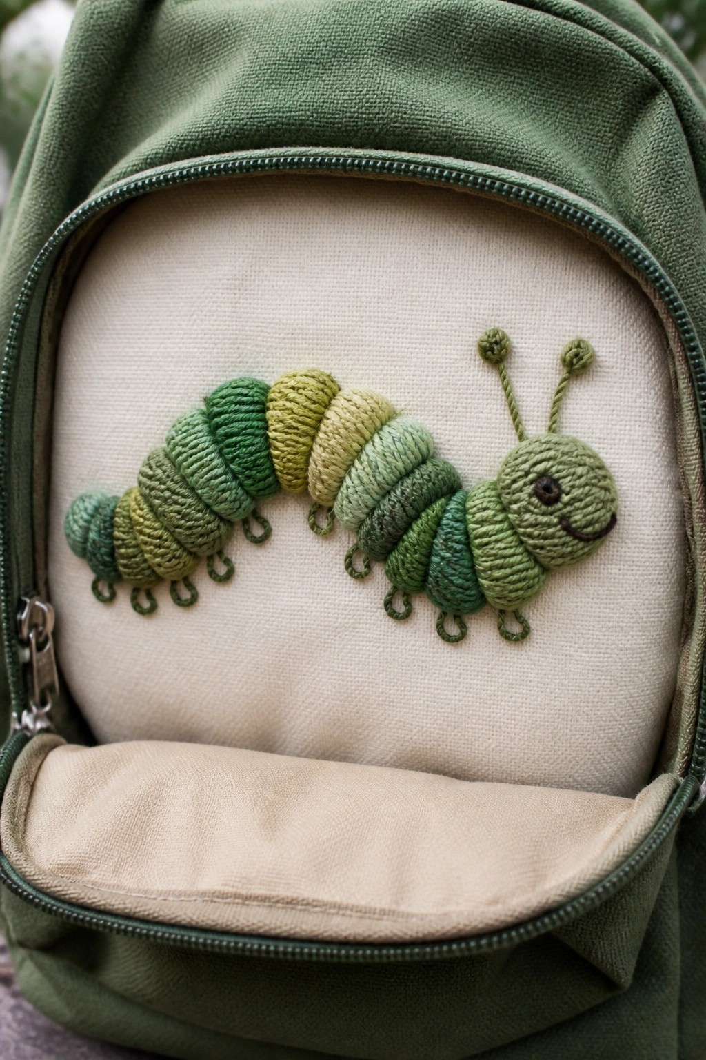 Green backpack with embroidered caterpillar in green and yellow threads on front.