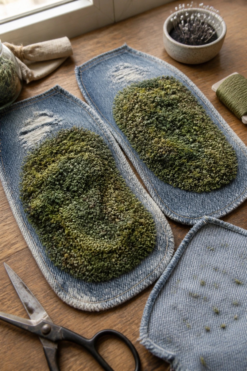 Denim eye masks with dense green moss-like tufting, scissors, and thread on wood table