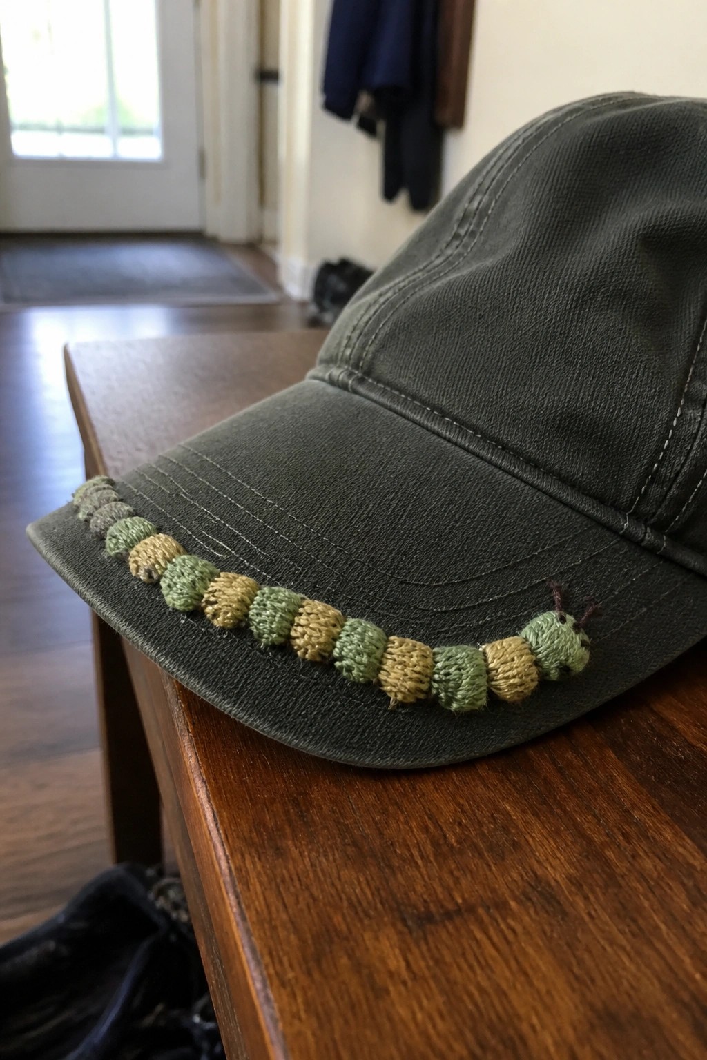 Green baseball cap with yarn caterpillar stitched along brim on wooden table