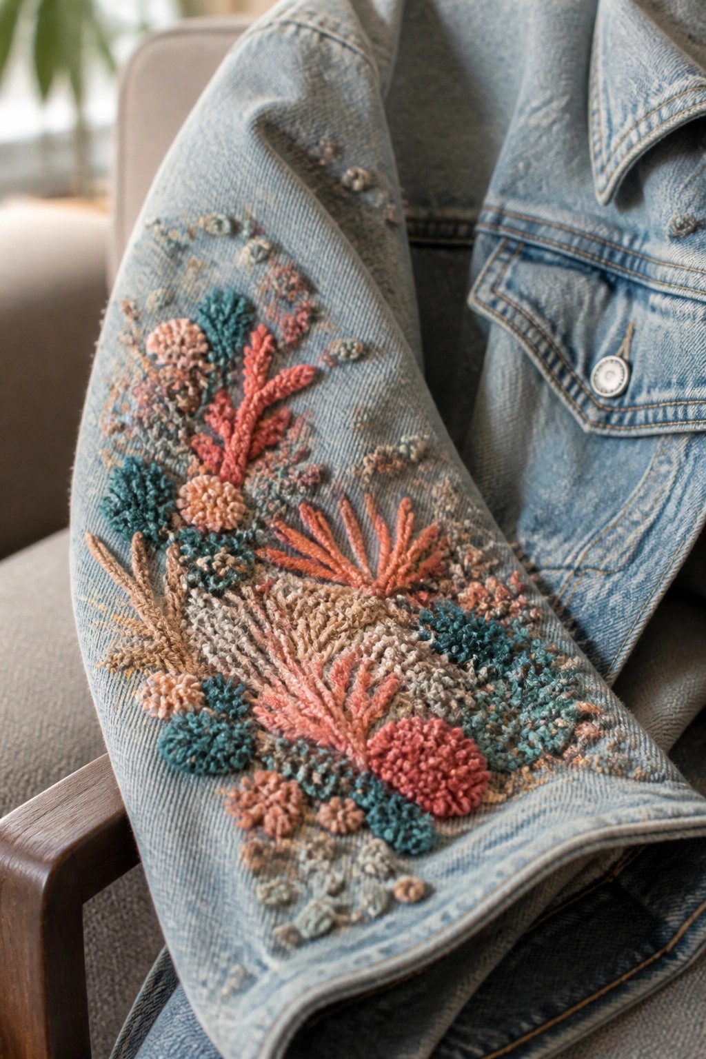 Light blue denim jacket sleeve with colorful coral and floral embroidery