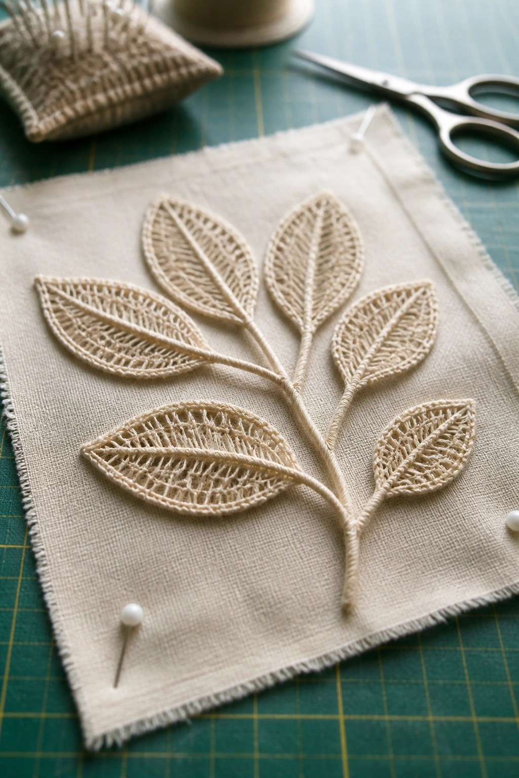 Embroidered leaf branch on beige fabric pinned to green cutting mat with sewing tools.