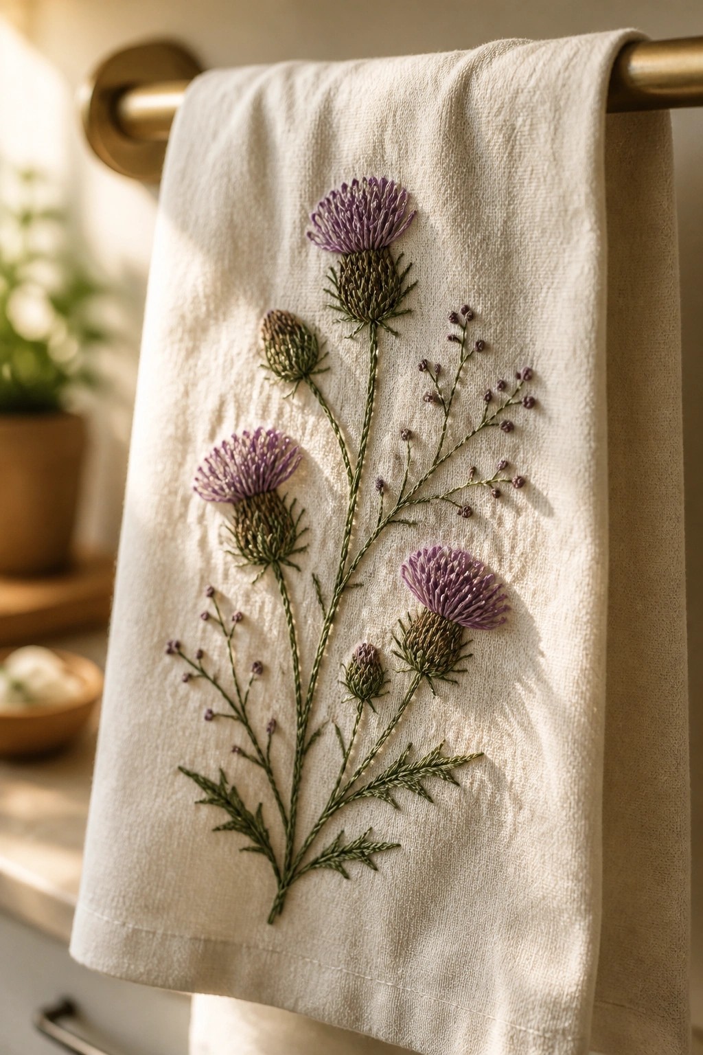 White towel with purple thistle embroidery hanging on brass rod.