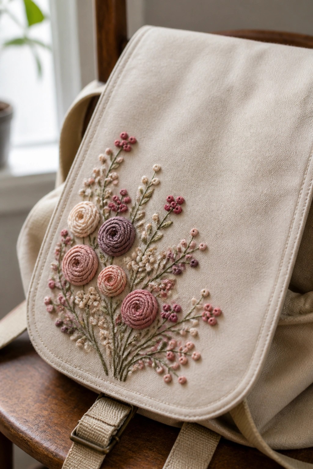Beige canvas backpack embroidered with pink roses and wildflowers on wood