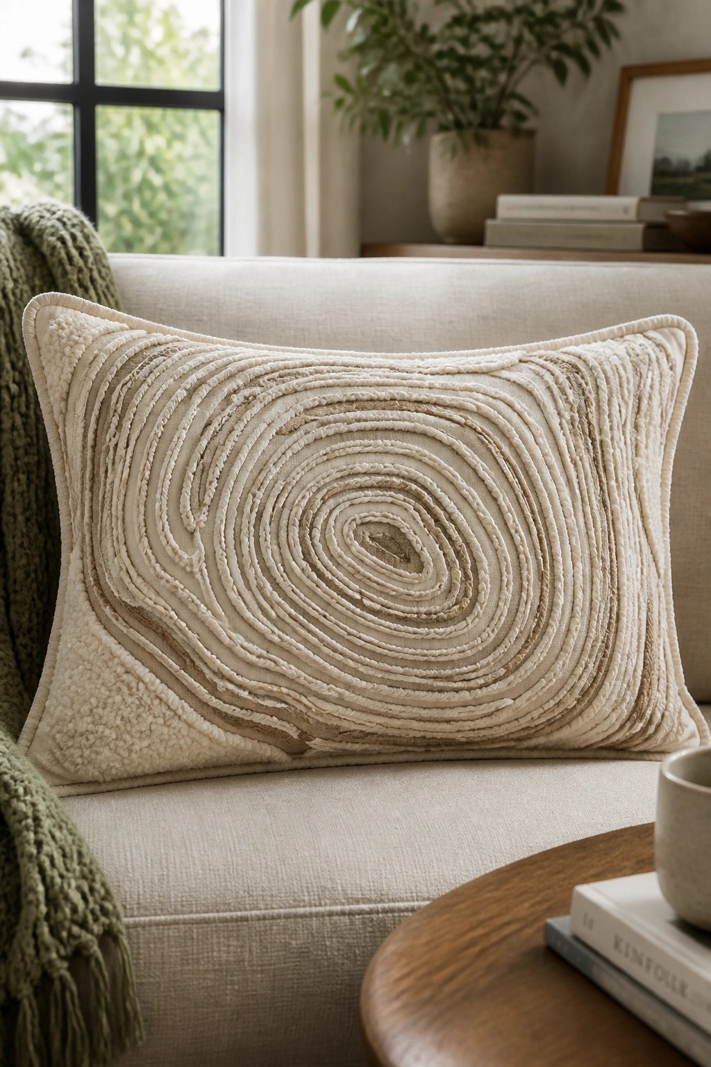 Beige pillow with concentric spiral texture on light sofa beside green throw