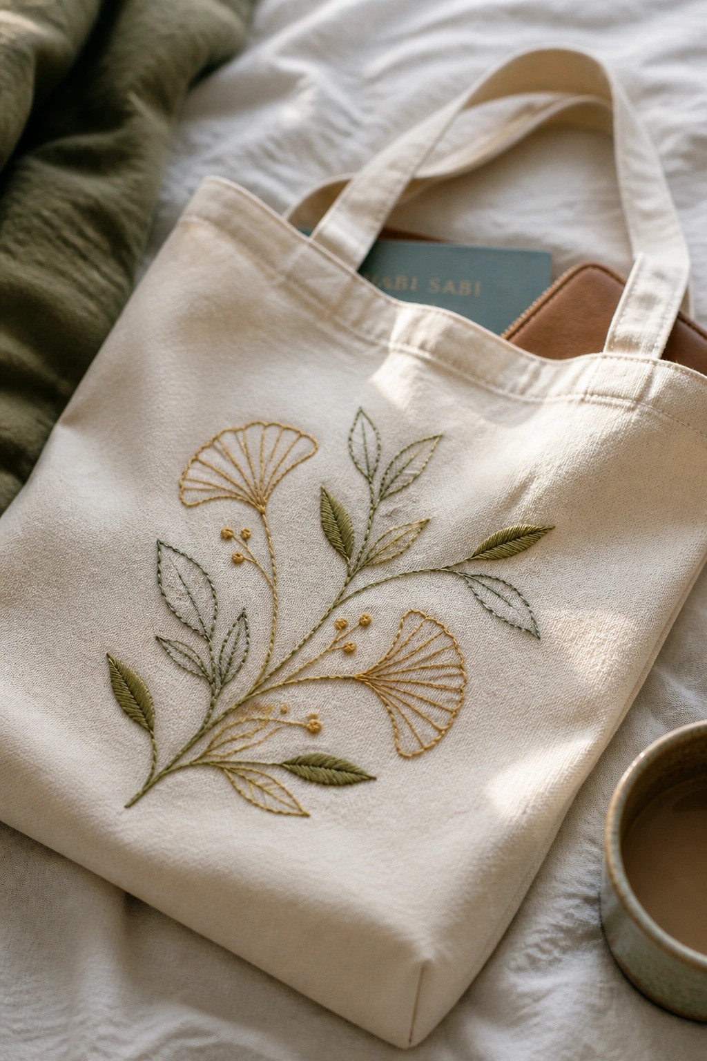Embroidered cream tote bag with green and gold florals on white fabric beside mug