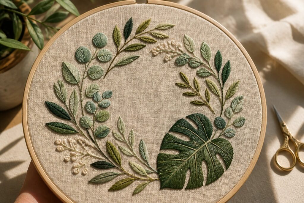 Embroidered green leaf wreath with monstera in wooden hoop on table