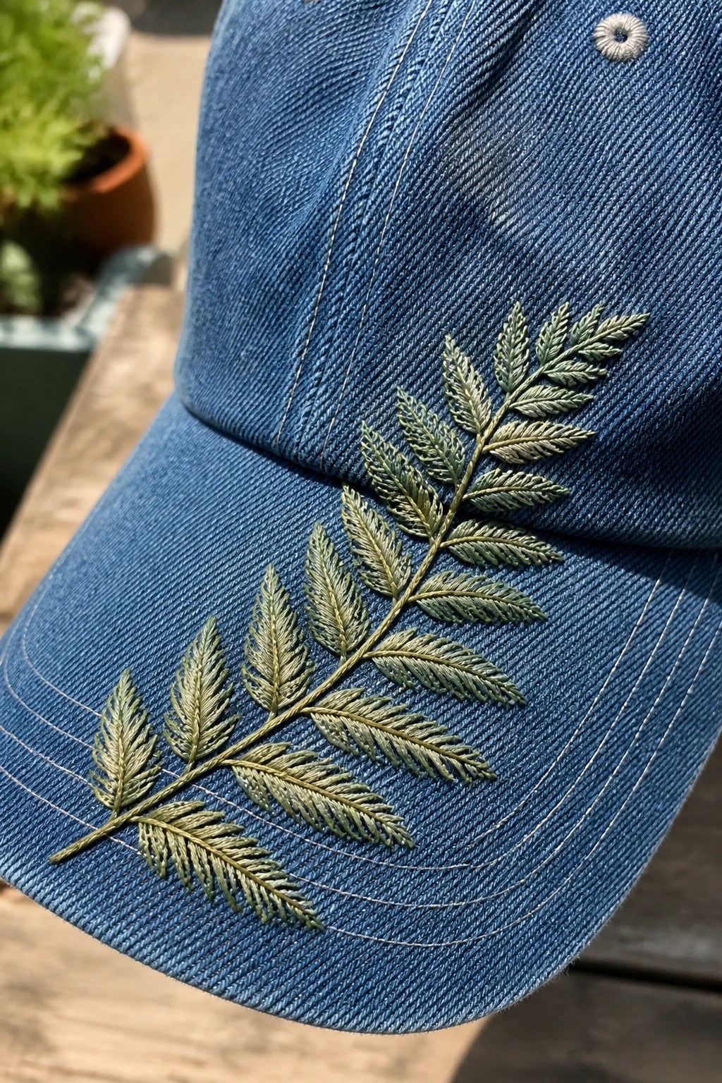 Blue denim baseball cap with detailed green fern leaf embroidery on side.