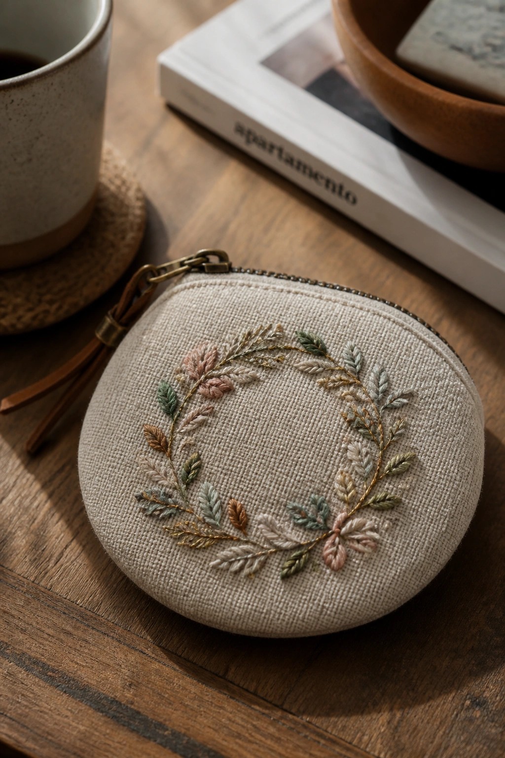 Embroidered beige round pouch with floral wreath on wooden table beside mug