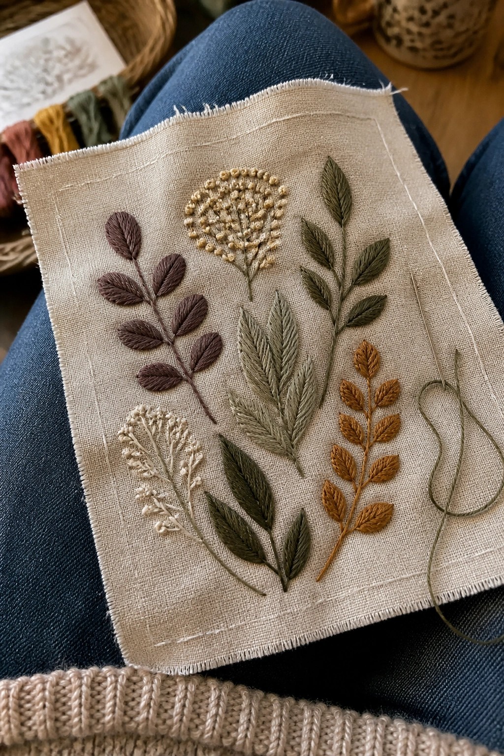 Embroidered leaves and flowers on beige fabric over blue denim jeans with needle