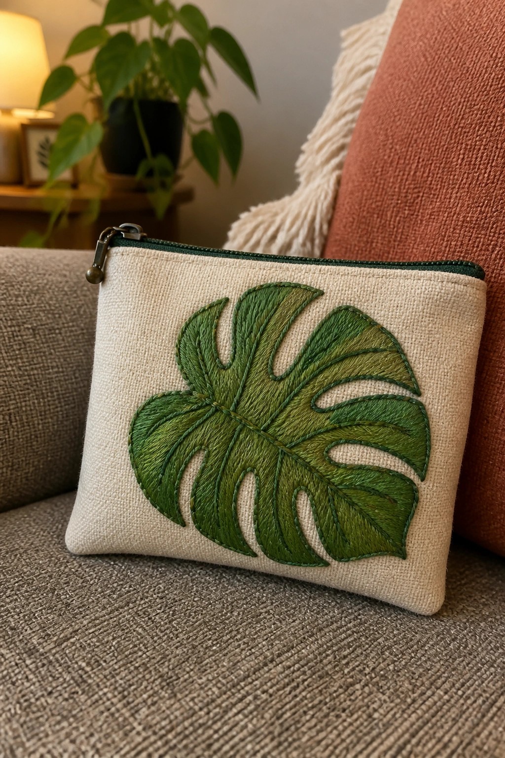 Beige zippered pouch with embroidered green monstera leaf on gray couch near orange pillow