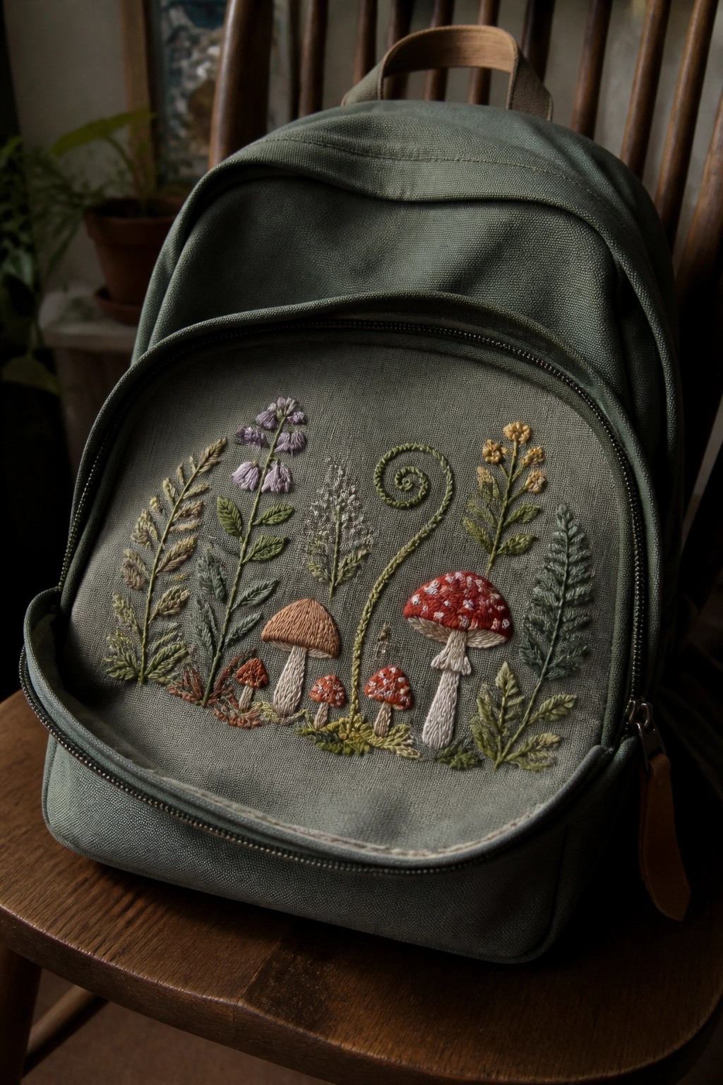 Green embroidered backpack with mushrooms, ferns and flowers on wooden chair