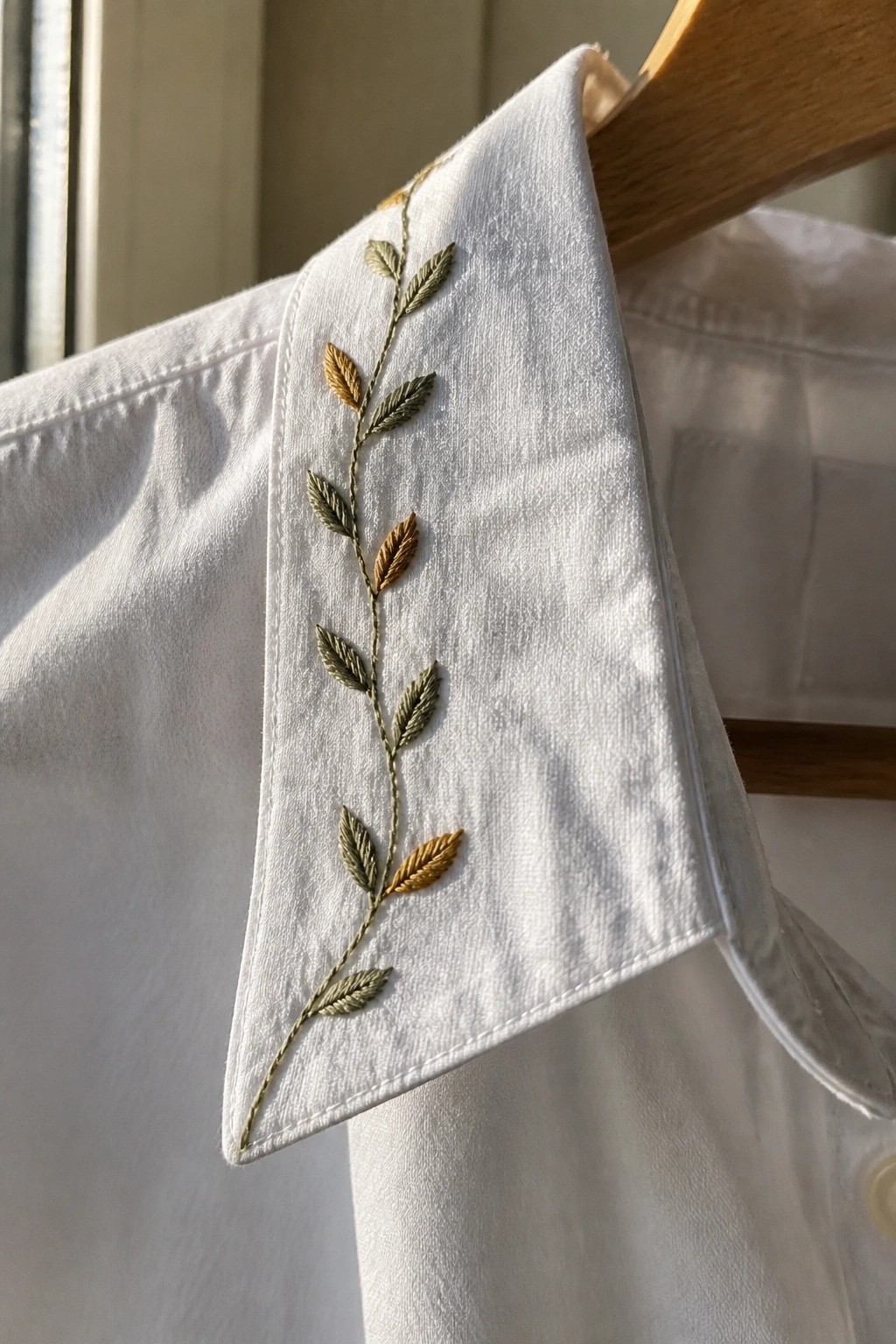 White shirt collar with green and gold embroidered leafy vine on wooden hanger