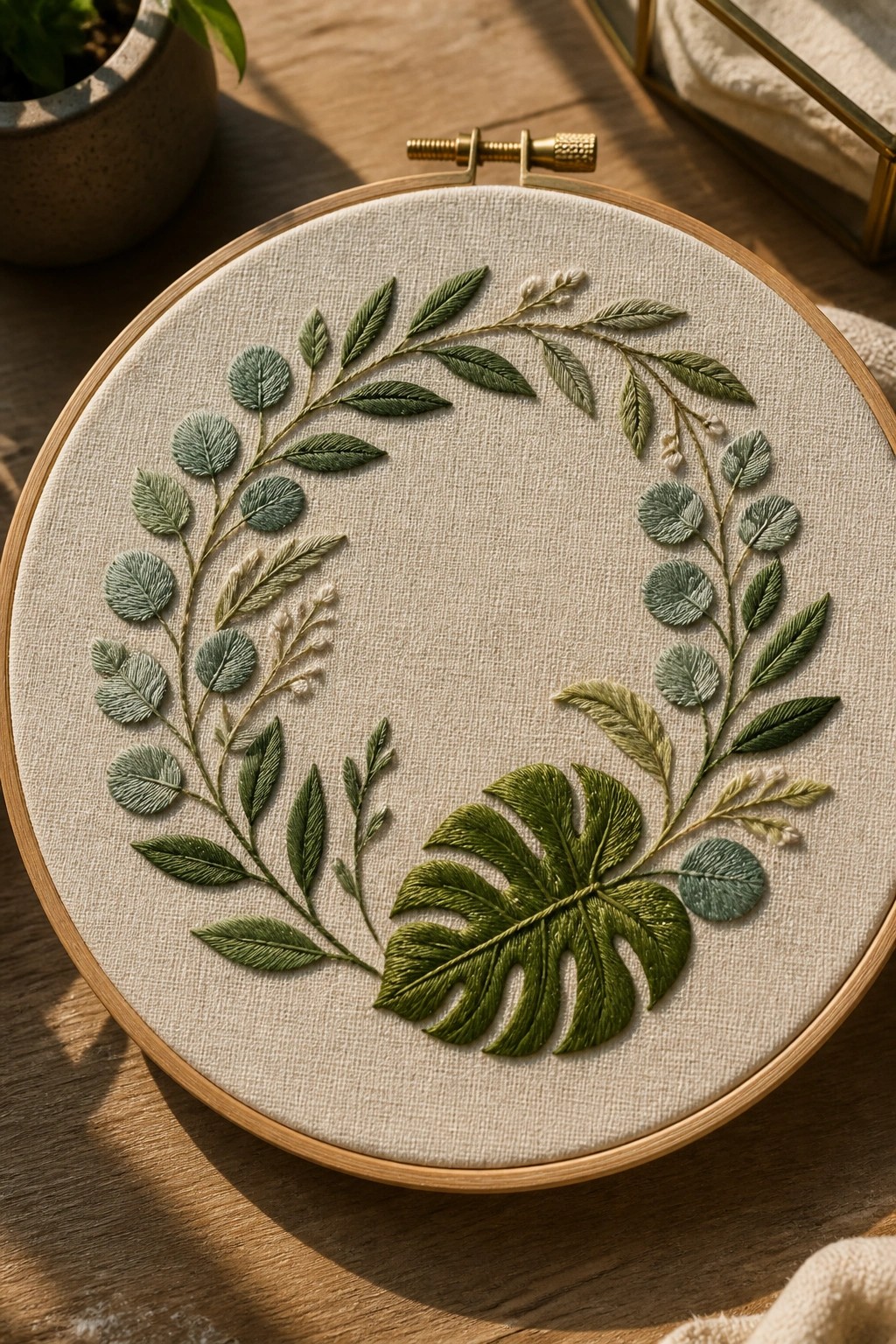 Embroidered green leaf wreath with monstera in wooden hoop on table