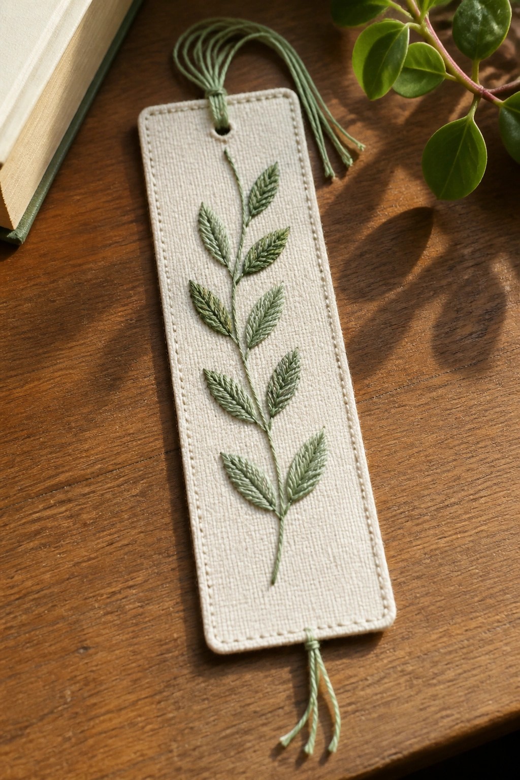 Embroidered cream bookmark with green leaves and tassels on wooden table beside book