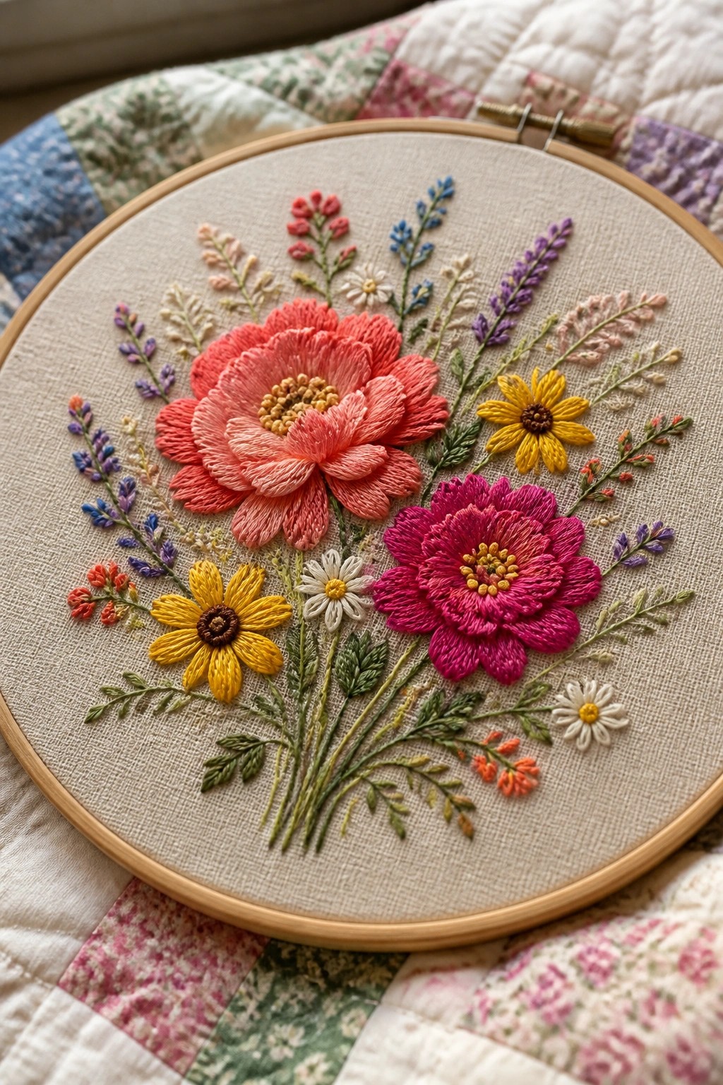 Colorful floral embroidery in wooden hoop on patchwork quilt fabric