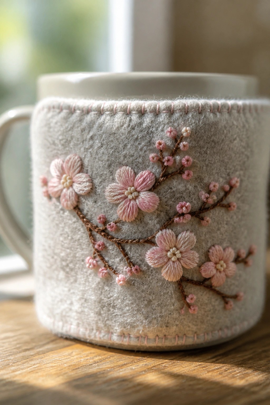 Gray felt mug cozy with pink embroidered cherry blossoms on brown branches.