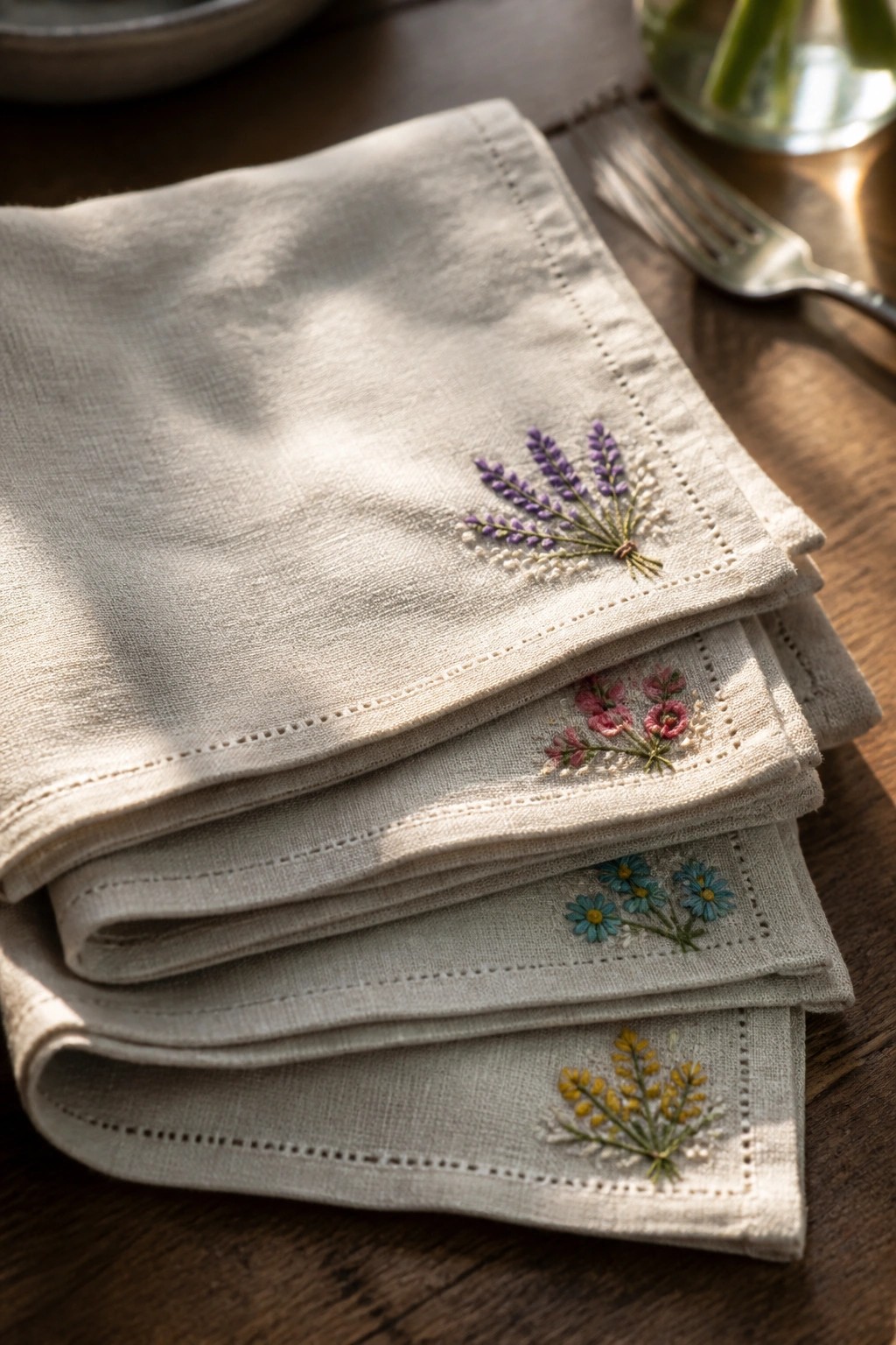 Stacked embroidered linen napkins with lavender, pink, blue, and yellow florals.