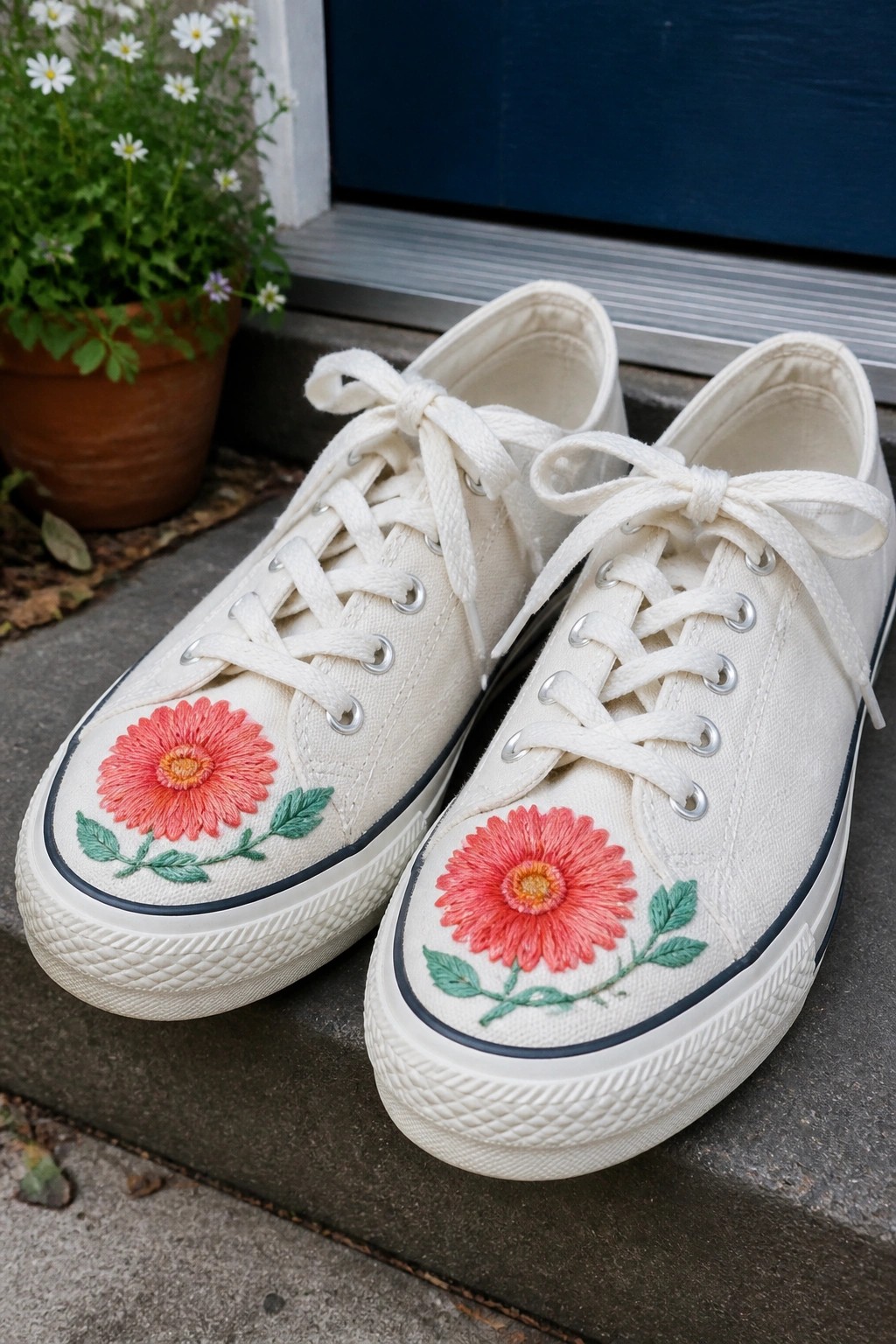 White sneakers with pink floral embroidery on stone steps by potted plant