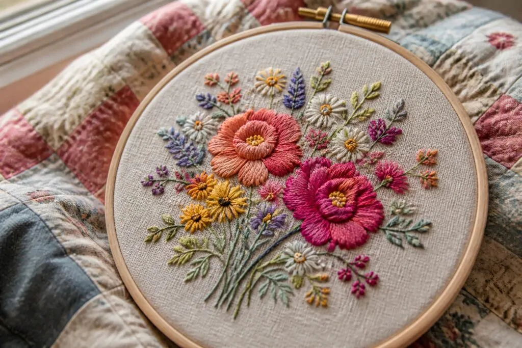 20 Colorful Flower Embroidery Projects for Handmade Gifts Colorful floral embroidery in wooden hoop on patchwork quilt fabric
