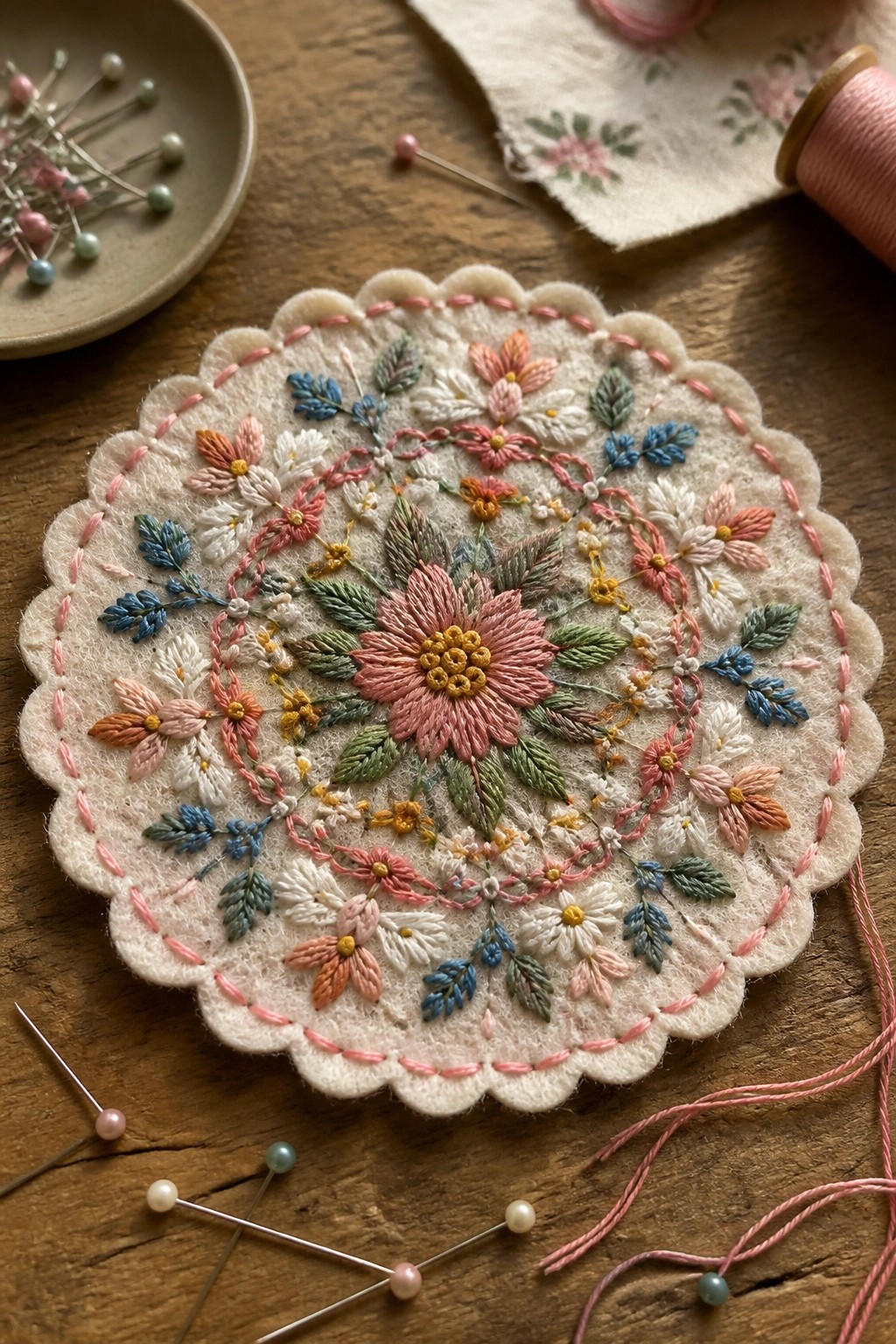 Pastel floral embroidery on scalloped felt circle amid beaded pins and thread.